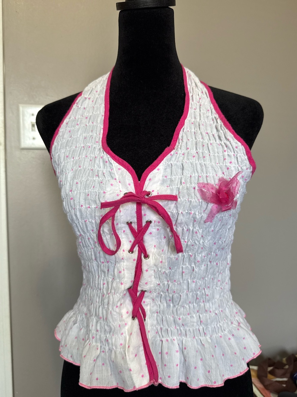 White Halter Smocked Top with Pink Trim